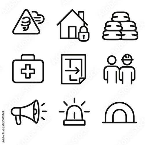 Gust Emergency Icons. Outline icon set of gust emergency response: storm warning, secured house, sandbag, emergency kit,
