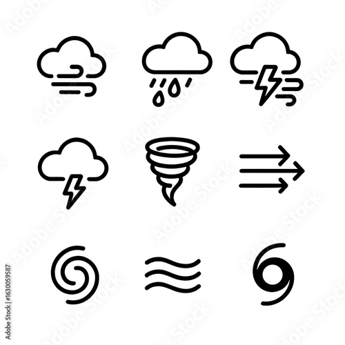 Gust Weather Icons. Outline icon set of gust weather symbols: wind cloud, rain with wind, lightning with wind, storm cloud,