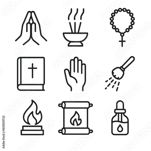 Spiritual Ritual Icons. Outline icon set of spiritual rituals: prayer hands, incense, rosary, holy book, blessing gesture, water