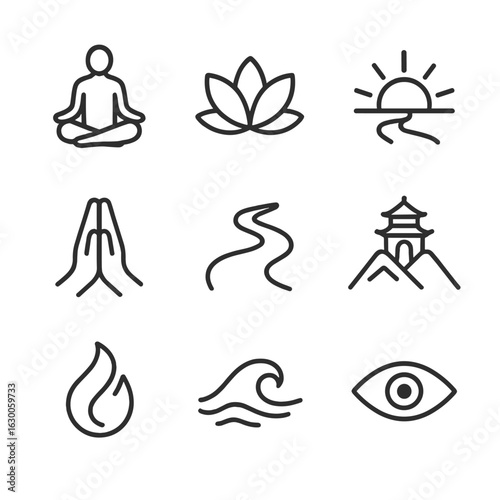 Spiritual Path Icons. Outline icon set of spiritual path: meditation pose, open lotus, rising sun, prayer hands, winding trail,