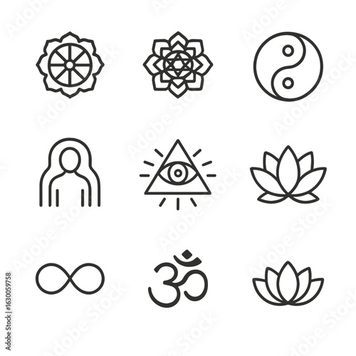 Spiritual Symbols Outline. Outline icon set of inner space spiritual symbols: chakra wheel, mandala, yin-yang, sacred geometry,
