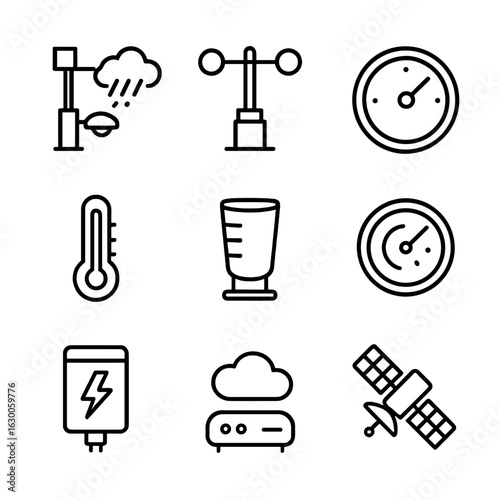 Hail Weather Instruments Icons. Outline icon set of hail weather instruments: weather station, anemometer, barometer, thermometer,