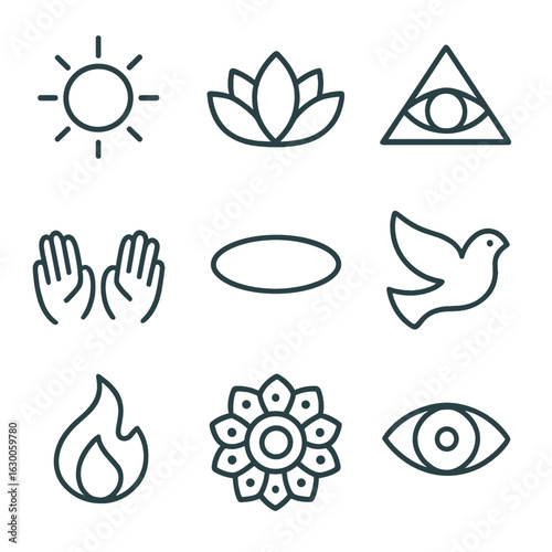 Spiritual Symbols Icons. Outline icon set of spiritual truth: shining sun, lotus flower, eye of providence, halo, open hands, dove