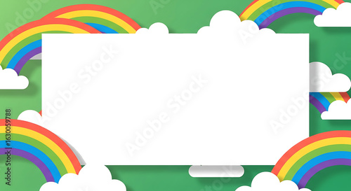 White Rectangular Frame with Layered Paper Cut Rainbows and Clouds on Green.