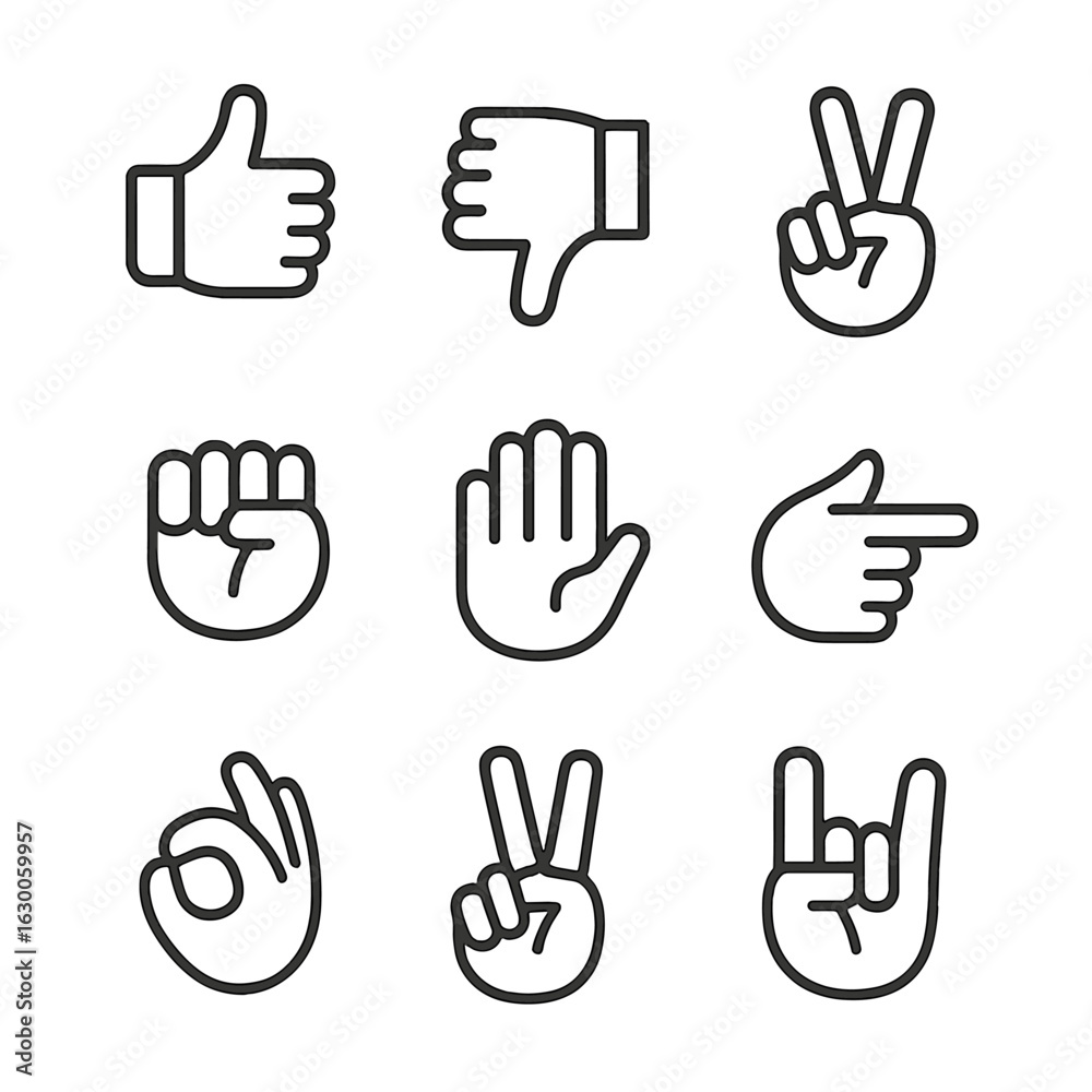 Obraz premium Hand Gesture Icons. Outline icon set of hand gestures: thumbs up, thumbs down, peace sign, fist, open palm, pointing finger, OK