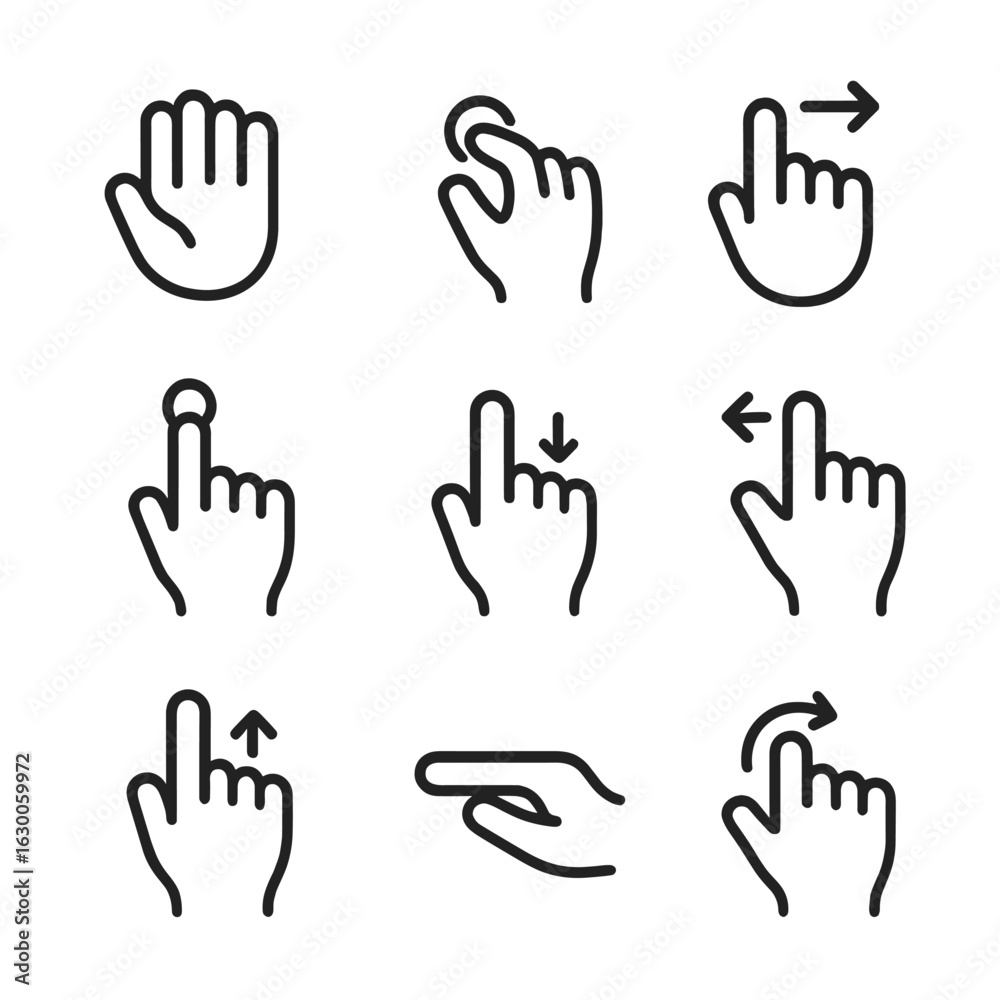 Obraz premium Hand Gesture Icons. Outline icon set of hand gestures: grab hand, pinch, swipe, tap, drag, zoom, scroll, hold, rotate. Line icons
