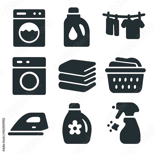 Laundry Process Icons. Solid, filled icons set of laundry process steps: washing machine, detergent bottle,