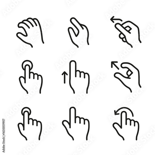 Hand Gesture Icons. Outline icon set of hand gestures: grab hand, pinch, swipe, tap, drag, zoom, scroll, hold, rotate. Line icons