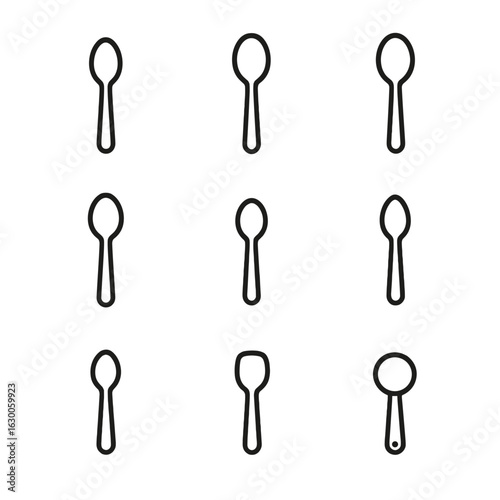 Spoon Icon Set. Outline icon set of spoon types: teaspoon, tablespoon, dessert spoon, soup spoon, coffee spoon, sugar spoon, baby