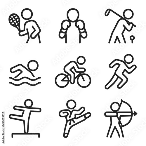 Sports Icon Set. Outline icon set of individual sports: tennis, boxing, golf, swimming, cycling, running, gymnastics, martial arts