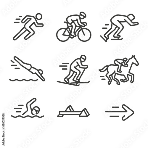Sports Acceleration Icons. Outline icon set of acceleration in sports: sprinter starting, cyclist sprinting, speed skater push,