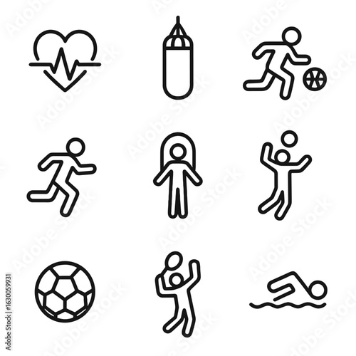 Sports Icons Set. Outline icon set of beat in sports: heartbeat, punching bag, basketball dribble, running, jump rope, volleyball