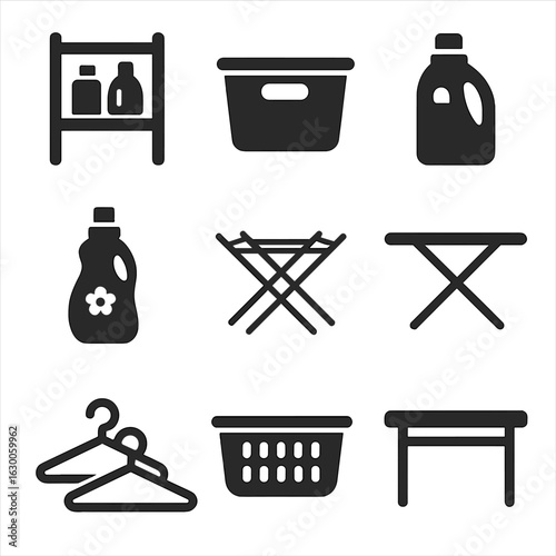 Laundry Room Icons. Solid, filled icons set of laundry room organization: shelves, storage bins, laundry
