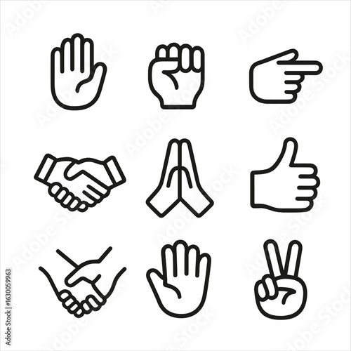 Hand Gesture Icons. Outline icon set of hands: open hand, closed fist, pointing finger, handshake, praying hands, thumbs up, hand