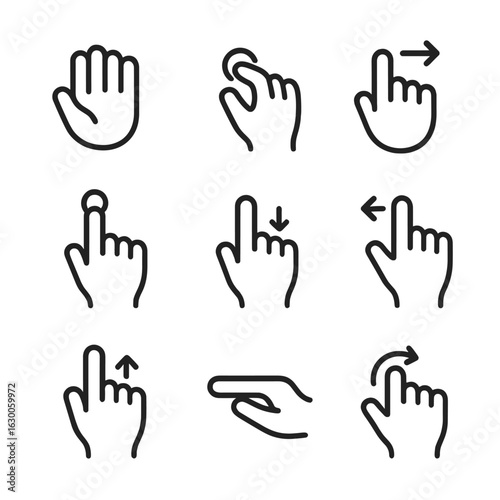 Hand Gesture Icons. Outline icon set of hand gestures: grab hand, pinch, swipe, tap, drag, zoom, scroll, hold, rotate. Line icons