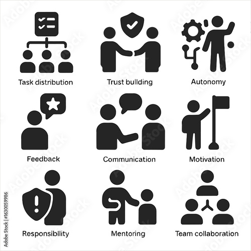 Leadership Icon Set. Solid, filled icons set of leadership in delegation: task distribution, trust building,