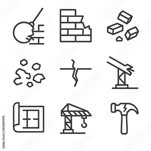 Demolition Icon Set. Outline icon set of demolition work: wrecking ball, broken wall, fallen bricks, scattered rubble, cracked