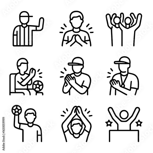 Sports Applause Icons. Outline icon set of clap in sports: referee's signal, victory clap, team cheer, clapping during match, fan
