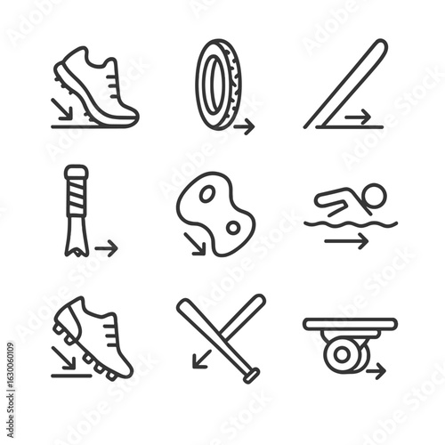 Sports Friction Icons. Outline icon set of friction in sports: running shoes grip, cycling tires, skiing edges, tennis racket grip