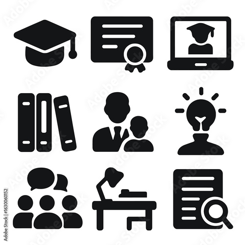 Learning Icons Grid. Solid, filled icons set of learning and growth: graduation cap, certificate, online