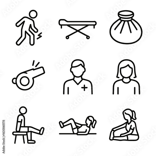 Sports Injury Icons. sports injury, stretcher, ice pack, emergency whistle, medical staff, rehab exercises. Line icons in only