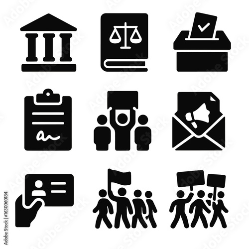 Legal Activism Icons. Solid, filled icons set of policy and legal activism: courtroom, law book, ballot box,