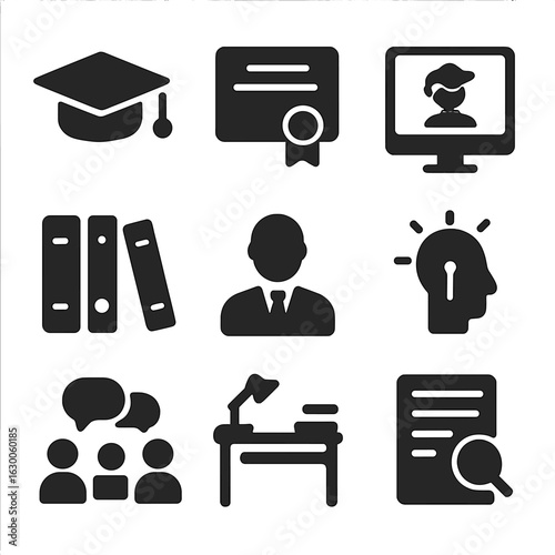 Learning Icons Grid. Solid, filled icons set of learning and growth: graduation cap, certificate, online