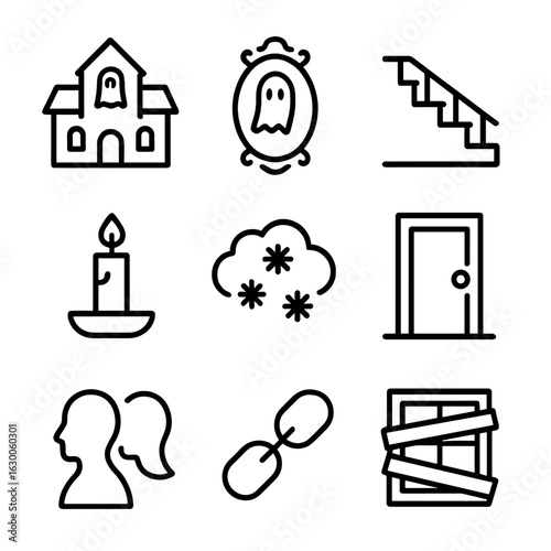 Haunted Places Icon Set. Outline icon set of haunted places: ghost house, cursed mirror, creaking stairs, flickering candle, cold