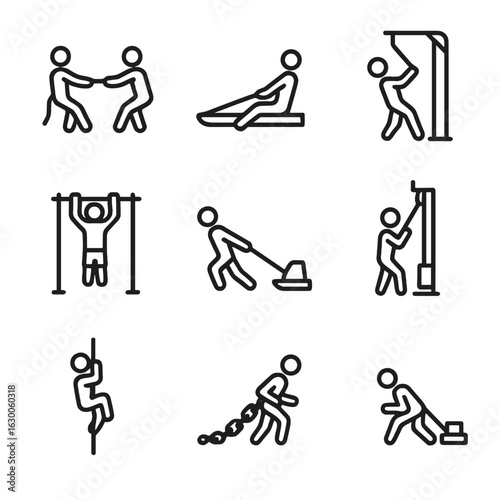 Sports Pull Icon Set. Outline icon set of pull in sports and fitness: tug of war, rowing, resistance band pull, cable machine,