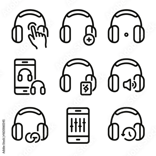 Headphone Interface Icons. Outline icon set of headphone user interfaces: touchpad control, physical button, LED indicator, app
