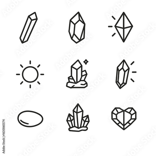 Healing Crystals Icons. Outline icon set of healing energy crystals: quartz wand, amethyst shard, energy prism, chakra orb, magic
