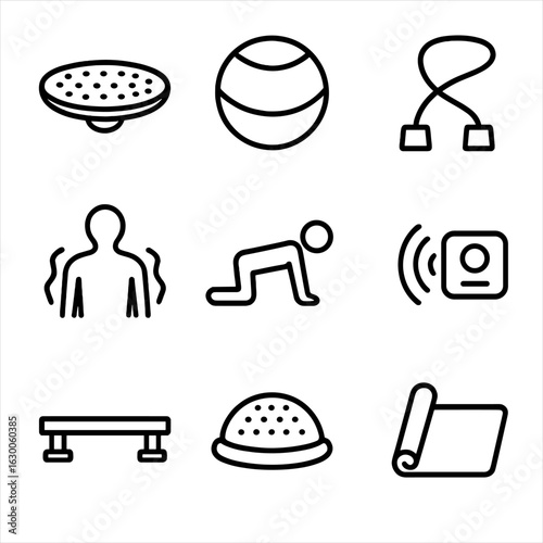 Sports Stability Icon Set. Outline icon set of stabilization in sports and fitness: balance board, stability ball, resistance band