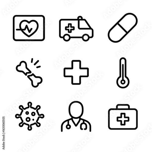 Health Icon Set. Outline icon set of unexpected health events: heart monitor, ambulance, pill, broken bone, medical cross,