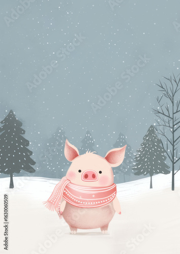 funny piglet in a pink scarf against the background of a winter forest