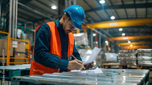 Warehouse worker in safety gear reviewing documents while inspecting metal sheets in a factory