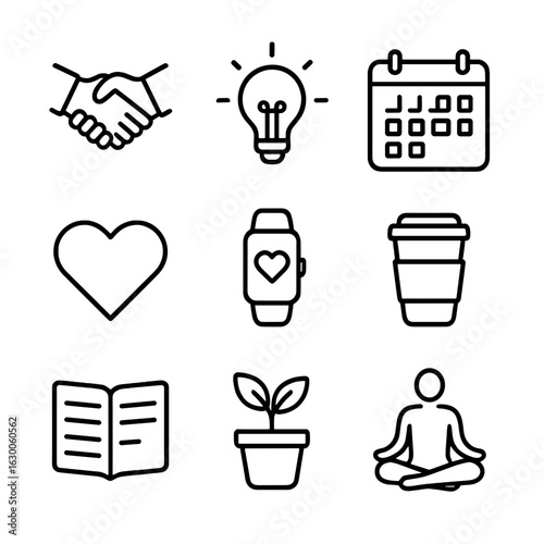 Lifestyle Transition Icons. Outline icon set of supporting new lifestyle changes: handshake, light bulb,