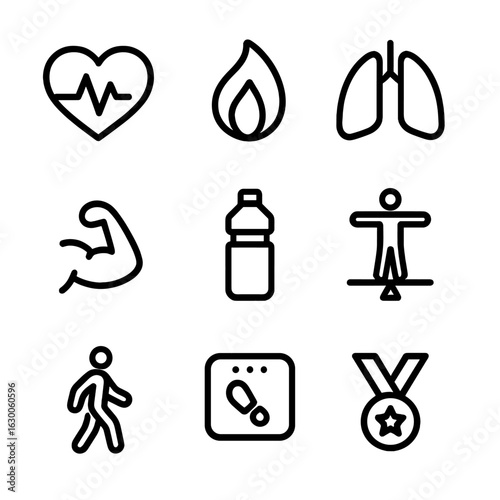 Health Benefits Icons. Outline icon set of walking health benefits: heart rate, calories burned, lungs, muscle, hydration, balance