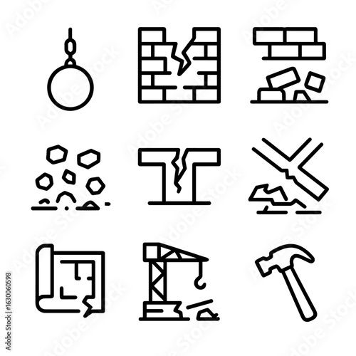 Demolition Icon Set. Outline icon set of demolition work: wrecking ball, broken wall, fallen bricks, scattered rubble, cracked
