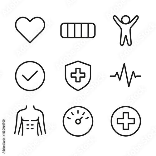 Health Icon Grid. Outline icon set of full health indicators: full heart, max health bar, vitality symbol, fitness complete,