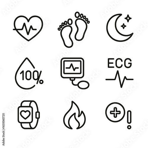 Health Monitoring Icons. Outline icon set of real-time health monitoring: heart rate, step counter, sleep tracking, oxygen level,