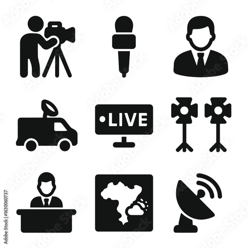 Live News Icons. Solid, filled icons set of live news coverage: camera crew, microphone, reporter, live