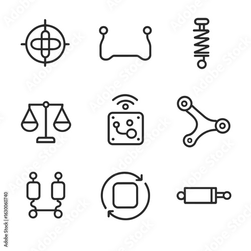 Stabilization Devices Icons. Outline icon set of stabilization devices: gyroscope, stabilizer bar, shock absorber, balance beam,