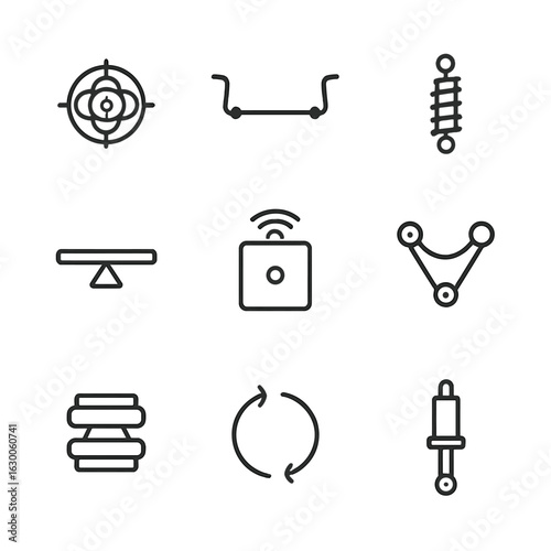 Stabilization Devices Icons. Outline icon set of stabilization devices: gyroscope, stabilizer bar, shock absorber, balance beam,