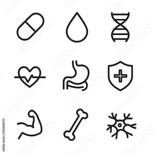 Health Trace Elements Icons. Outline icon set of trace elements in health: vitamin pill, blood drop, DNA strand, heartbeat,