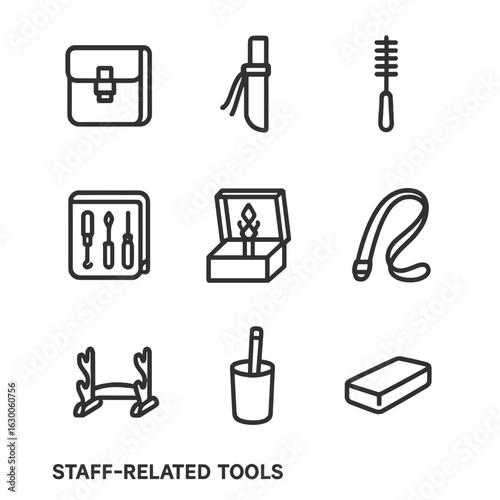 Staff Tool Icons. Outline icon set of staff related tools: bag, sheath, cleaning brush, repair kit, ornament box, carrying strap,