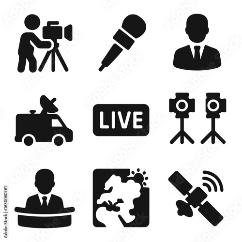 Live News Icons. Solid, filled icons set of live news coverage: camera crew, microphone, reporter, live