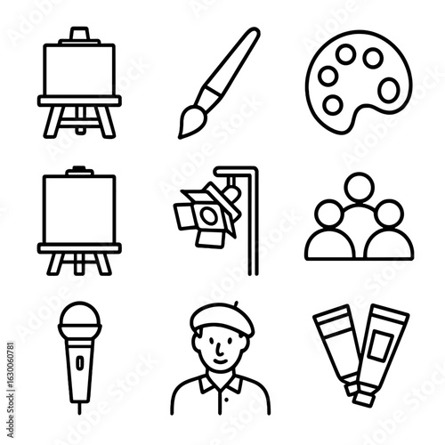 Live Painting Icon Set. Outline icon set of live painting events: easel, paintbrush, palette, canvas,
