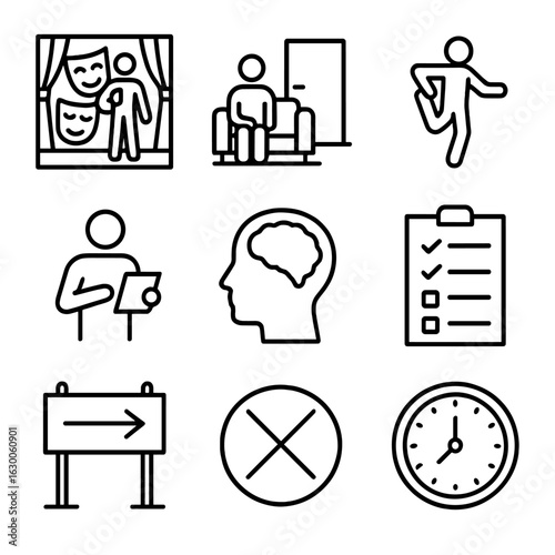 Stage Prep Icons. Outline icon set of stage readiness: final rehearsal, green room, warm-up zone, quick review, mental prep,