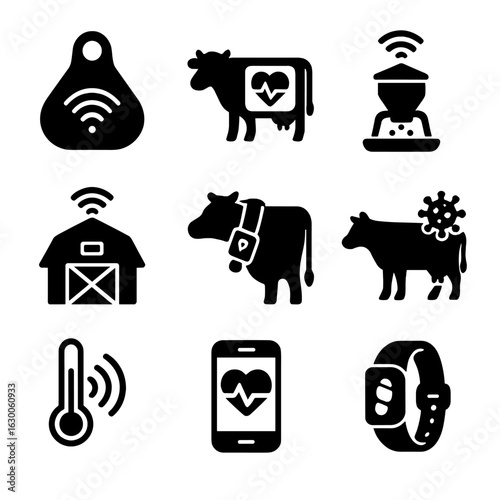 Livestock Tech Icons. Solid, filled icons set of livestock management technology: RFID tag, health monitor,