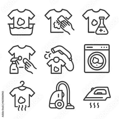 Stain Removal Icons. Outline icon set of stain removal techniques: soaking, scrubbing, bleaching, spot cleaning, steam cleaning,